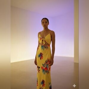 Tropical Palm Print Cutout Maxi Dress with Adjustable Tie-Front